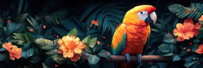 Fototapeta premium Vibrant low poly parrot amidst a colorful geometric jungle, showcasing bold shapes and lively hues in a dynamic composition