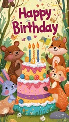 Fototapeta premium Colorful Cartoon Animals Celebrating with Birthday Cake for Kids' Party Decor