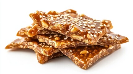 Traditional Chinese peanut brittle with sesame seeds, a crunchy and sweet treat for the New Year, isolated on white background