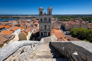 Obraz premium A sweeping panorama of a historic European city, with cobblestone streets, ancient cathedrals, and colorful rooftops spread out under a clear sky