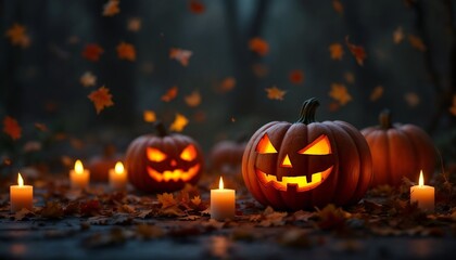 Fototapeta premium Carved pumpkins emit a warm glow in a dark environment, surrounded by dancing autumn leaves and the soft flicker of candlelight, creating a cozy Halloween atmosphere.