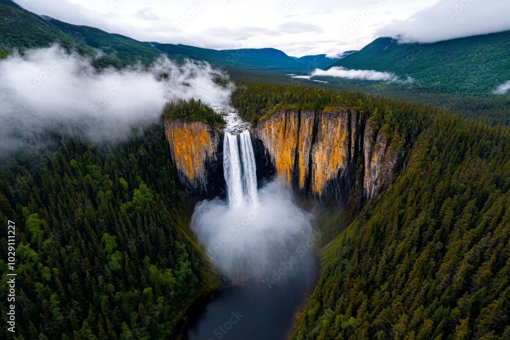 Poster a towering waterfall hidden deep within a magical forest, with mist rising from the cascading water 