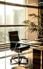Modern executive office room with a glass desk, leather chair, and minimalistic decor, soft natural lighting