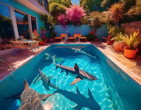 Series of sharks inside a pool in the backyard of a house. Outside the pool there are plants, an umbrella and a brown chair