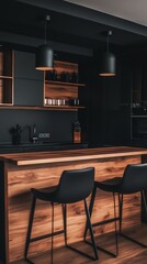 Modern kitchen with a mix of matte black and wood finishes, creating a bold, stylish aesthetic
