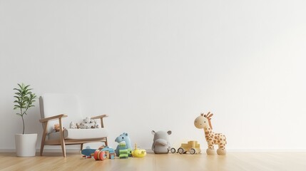 Minimalistic playroom with toys, plants, and cozy chair on a wooden floor.