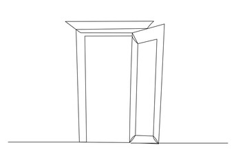 Continuous single line sketch drawing of opened door house wooden furniture. One line art of open freedom future concept vector illustration