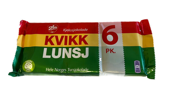 Oslo, Norway - August 6, 2022: One package of Freia Kvikk lunsj (Quick lunch) composed of wafer covered with milk chocolate over transparent background