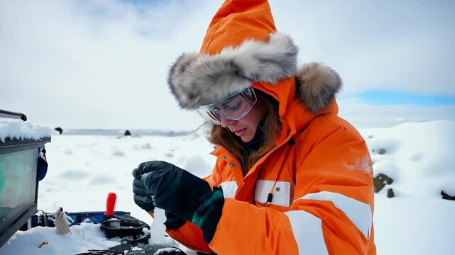 A woman in an orange parka is working on equipment in a snowy, frozen landscape, with fur-lined hood and protective goggles, focused on her task in the harsh cold environment.