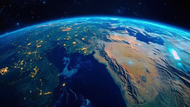A stunning view of Earth from space, showcasing intricate landforms and city lights.