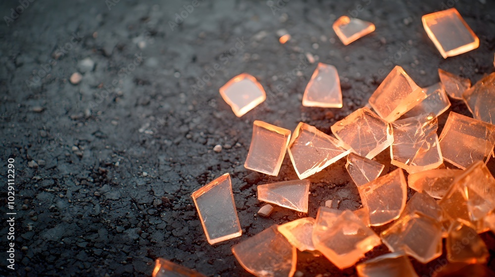 Aufkleber shattered reflections - broken glass shards on gritty ground capturing glowing light in a chaotic sc