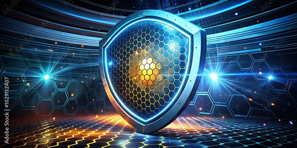 Poster protective shield in circle frame with binary code and honeycomb connections - night photography
