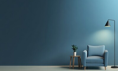 A serene, minimalist living space with a blue armchair, lamp, and plant against a dark blue wall.