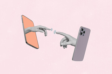 Composite photo collage of index finger reach phone screen together wifi stripes connection distance meeting isolated on painted background