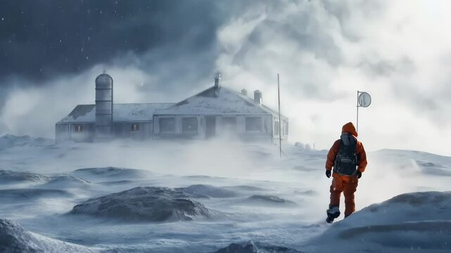An explorer in an orange parka walks through a snowy, wind-swept landscape towards an isolated building. The scene is engulfed in snow and mist, with a heavy storm looming overhead. The distant buildi