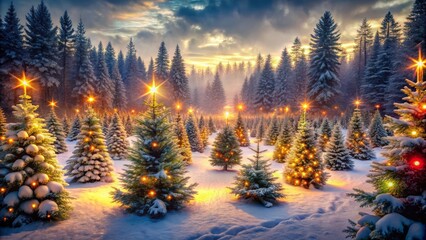 Obraz premium Enchanting forest adorned with Christmas trees and shimmering lights.