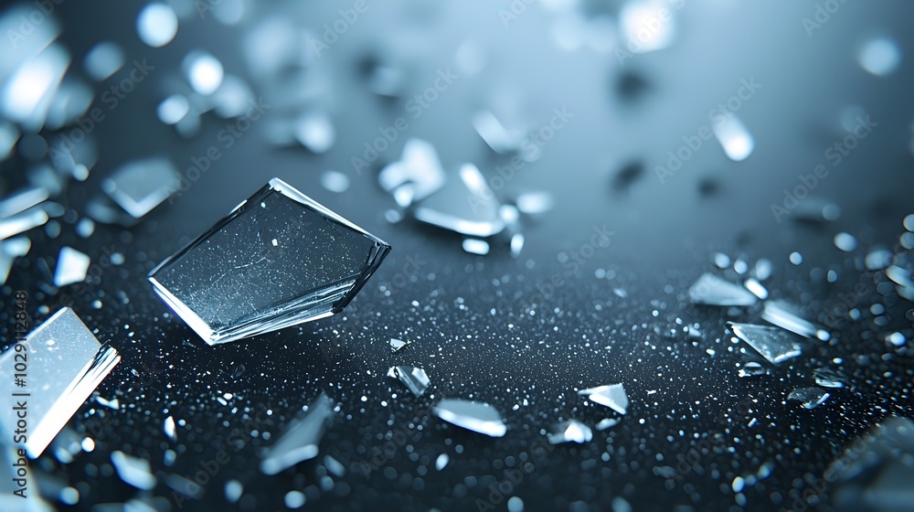 Poster shattered reflections - chaotic debris of broken glass glowing with light emphasizing sharp edges in