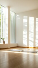 Fototapeta premium Yoga studio with minimalist design, wood floors, and a tranquil setting enhanced by soft lighting, realistic photo