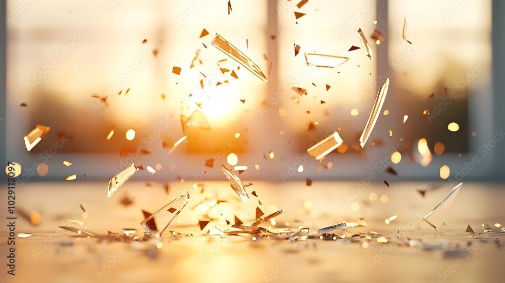 Poster shattered glass shards reflecting glowing light - chaotic scene of sharp fragments scattered across 