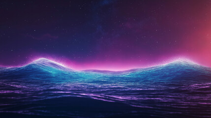 Fototapeta premium Waves of green and purple bioluminescence glistening on the sea at night with a dim background. Realistic cinematic style with deep blue-black waters.