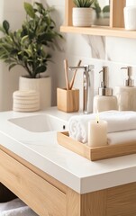 Fototapeta premium A chic bathroom vanity featuring scented candles, a small plant, and neatly folded towels