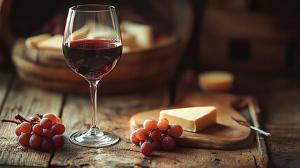 Naklejka premium Wine and Cheese Served with Grapes on a Rustic Table