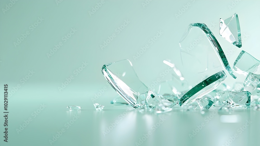 Poster shattered reflections glowing light on sharp glass fragments - chaotic debris creating a dazzling ed