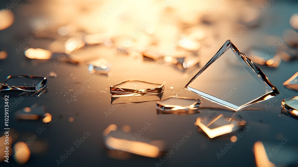 Poster beautiful jagged glass shards reflecting glowing light on rough ground - captivating chaos of sharp 