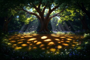 An enchanted forest clearing bathed in golden light, with wildflowers and ancient oak trees casting long shadows, and birds singing softly in the background