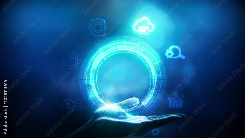 Poster technology and business loopable background: hand and circle with glowing icons
