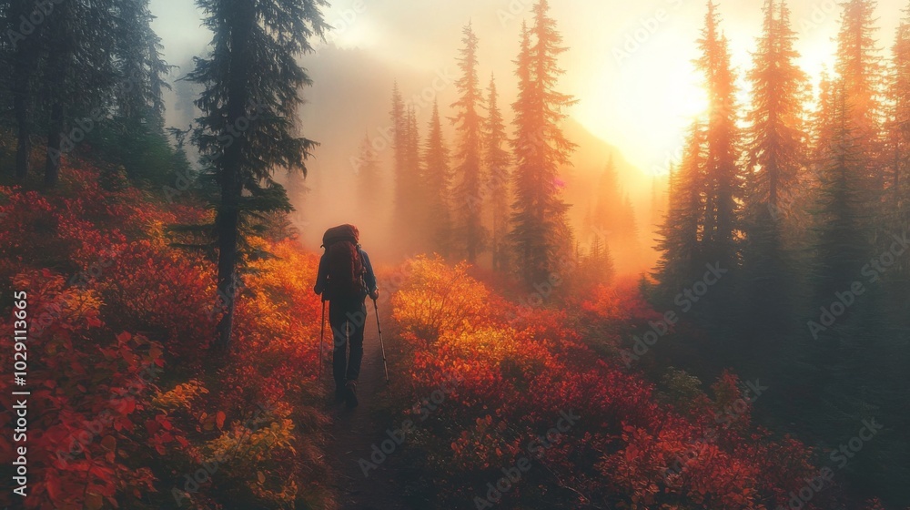 Poster a lone hiker walks along a winding trail adorned with colorful autumn foliage as the sun sets, illum