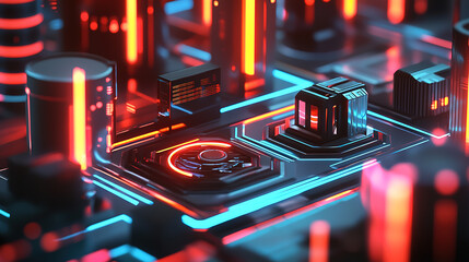A vibrant and futuristic close-up of a circuit board with glowing elements in blue and orange hues, showcasing technology and digital innovation.