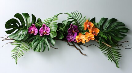 Obraz premium Tropical vibes plant bush flower arrangement with tropical leaves Monstera and ferns and Vanda orchids tropical flower decoration on vine plant tree branch