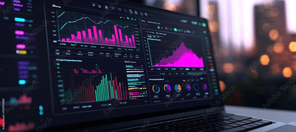 Poster digital dashboard displaying robust financial portfolio with graphs indicating strong financial heal