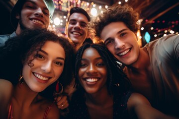 Fototapeta premium Close up of diverse friends taking selfie while having party