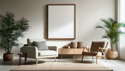 Lounge chair and sofa against wall with big frame. Minimalist interior design of modern living room.