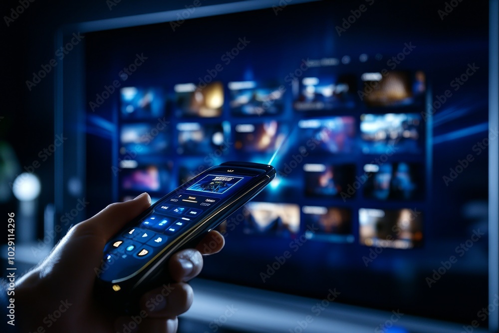 Poster Close-up of a person's hand holding a remote control, navigating through a streaming service interface on a large TV, with multiple media options displayed on the screen