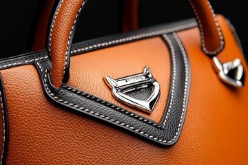 Close-up of a luxury leather handbag, showcasing intricate stitching, polished metal hardware, and the soft texture of high-quality leather