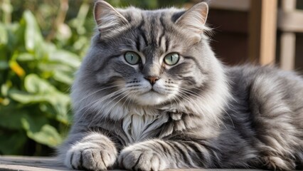 Fototapeta premium Blue siberian cat lying outside in the garden