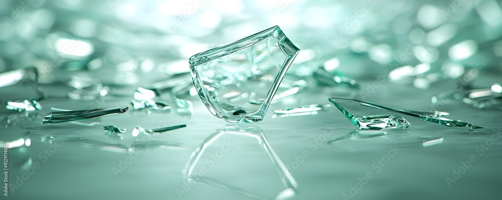 Poster shattered glass shards sparkling in reflective light - chaotic danger on rough floor creating an int