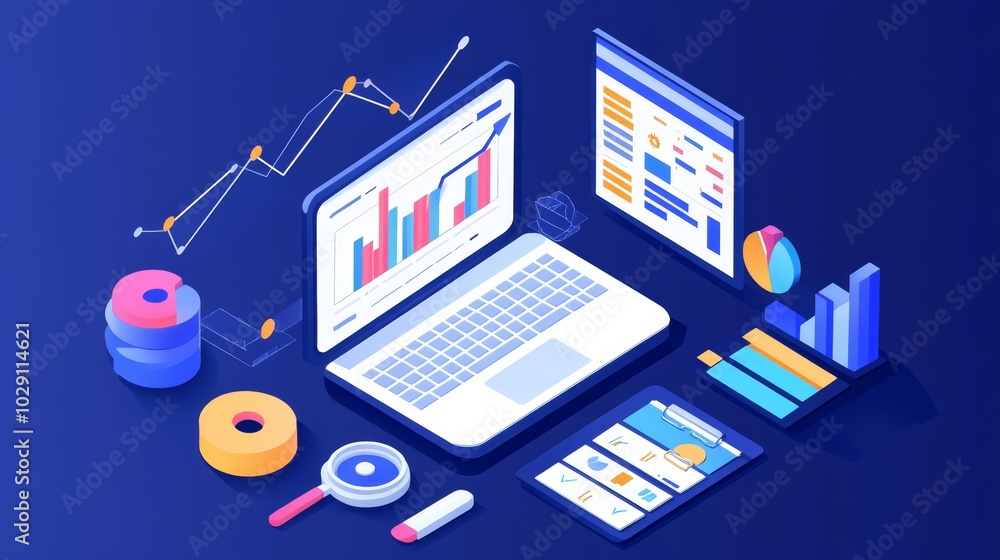 Poster isometric data analysis and chart illustration with laptop charts and graphs