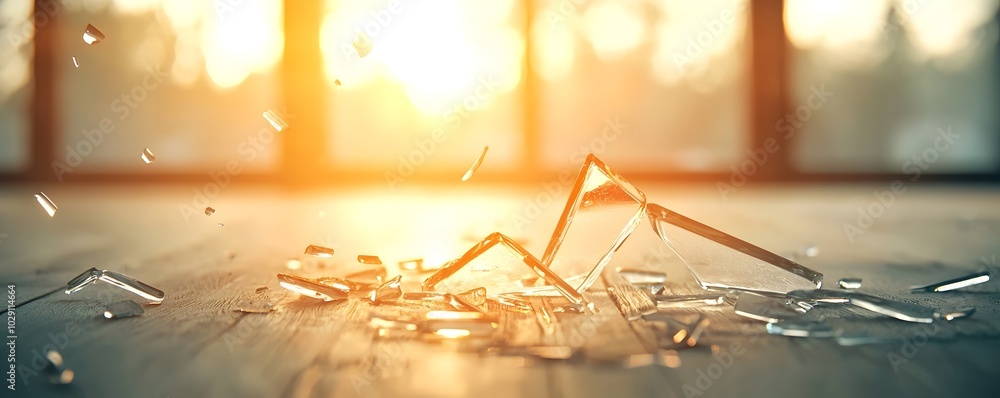 Poster glowing broken glass shards on rough floor - chaotic danger with sharp edges reflecting light in abs