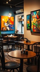 Artistic cafe decorated with local artwork and soft jazz playing in the background