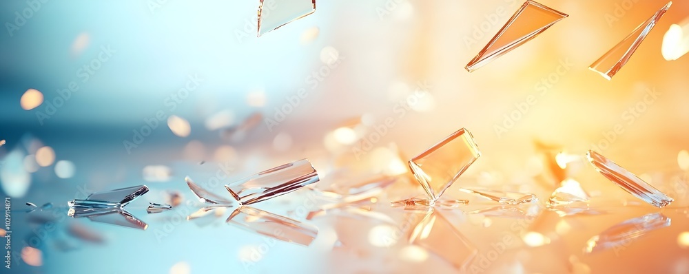 Poster shattered elegance - glowing glass shards reflecting light in chaotic debris capturing sharp edges a