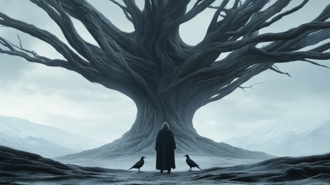Ancient tree stands tall as a cloaked figure and two ravens observe in a misty landscape, AI