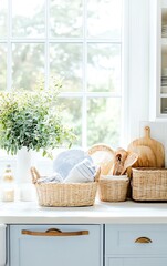 Coastalinspired kitchen with white and blue tones, wicker baskets, and large windows letting in natural light