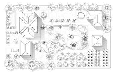 Top view landscape design plan with house, courtyard, lawn. Black and white highly detailed plan of country with modern cottage, villa with garden. Vector illustration Cityscape, Map of town, village