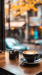 Coffee bar with an open view of the city street, customers sipping coffee and enjoying the view