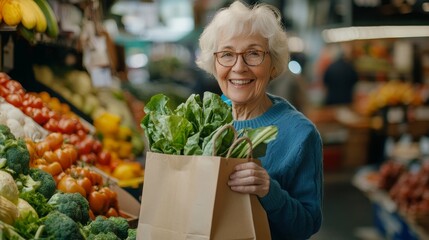 happy senior woman holding paper eco shopping bag with fresh vegetables on market