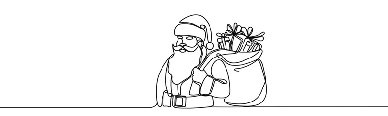 Single drawing with continuous line on white background. Santa Claus with sack of presents on minimalistic background	